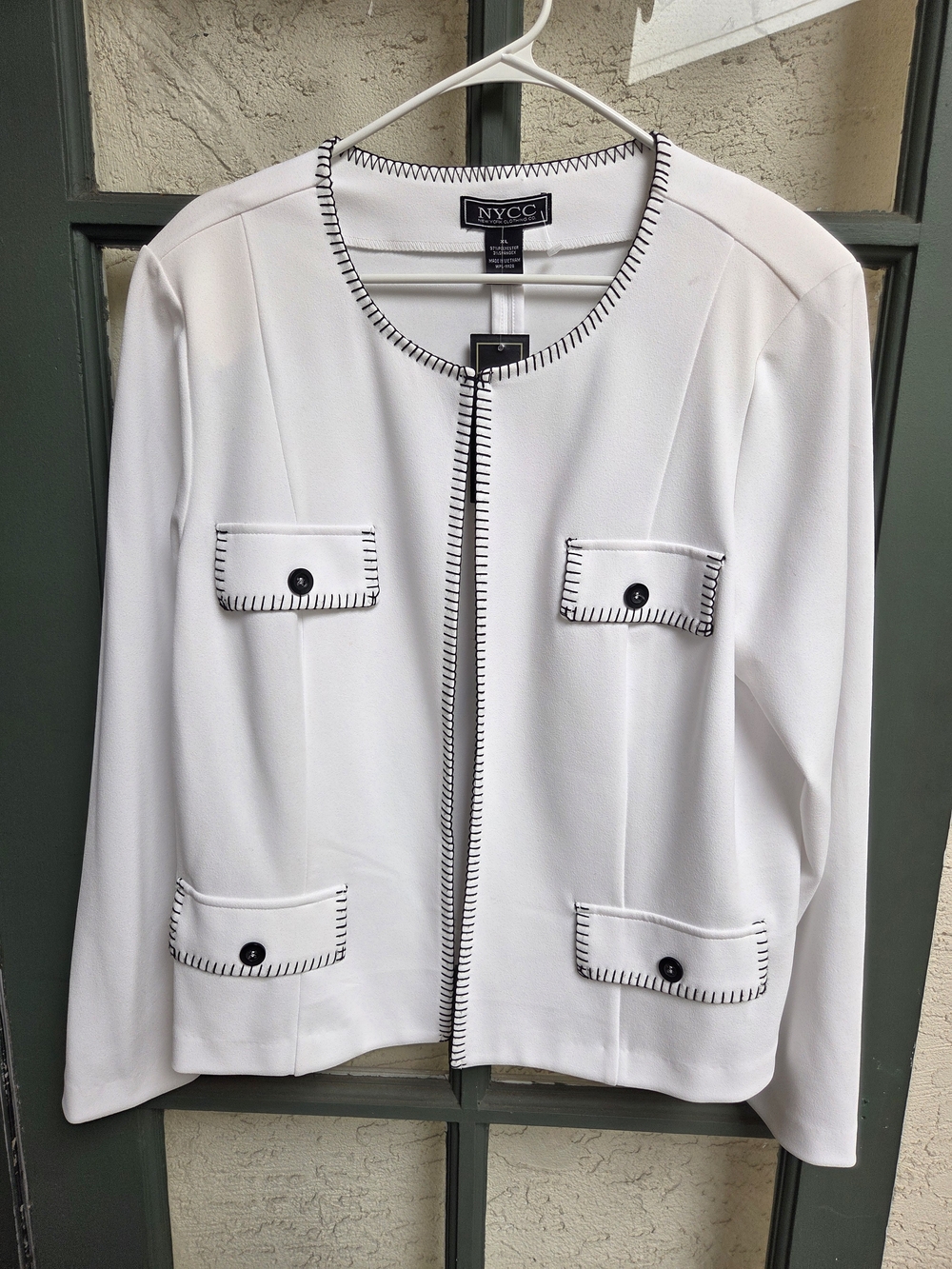 NYC Women’s White Collarless Jacket with Black Contrast Trim